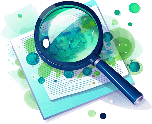 Magnifying glass analyzing a document